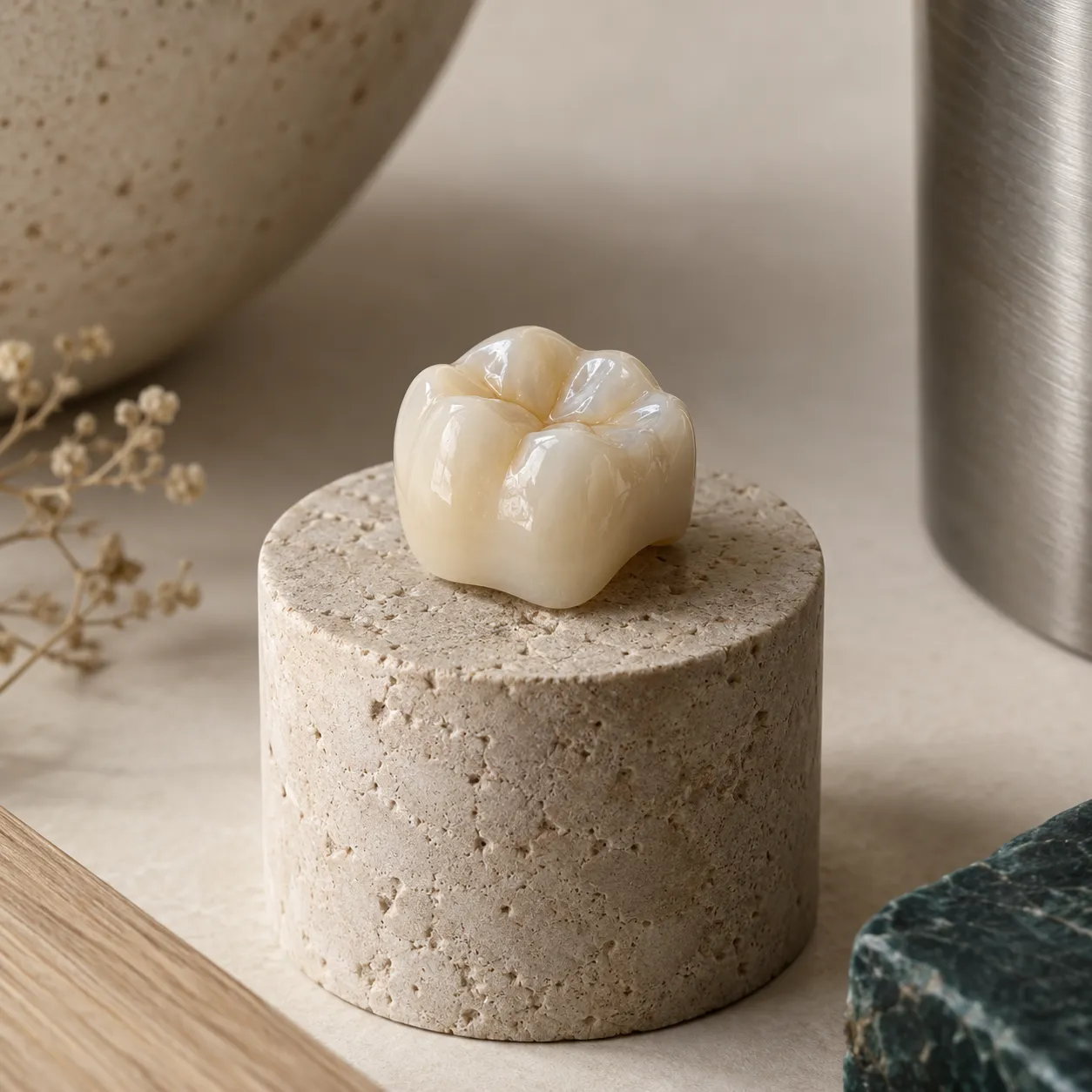 Single ceramic dental crown on a small stone pedestal