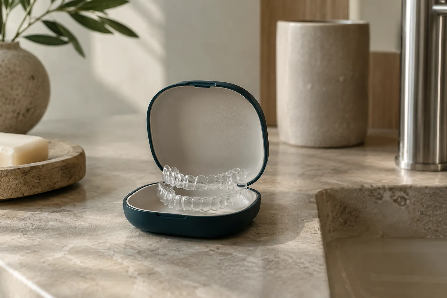 Pair of clear dental aligners resting in an open case