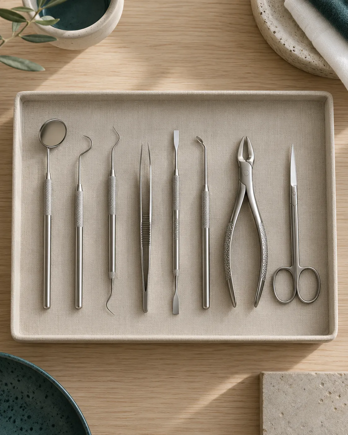 Sterile dental instruments laid in a neat row on a tray