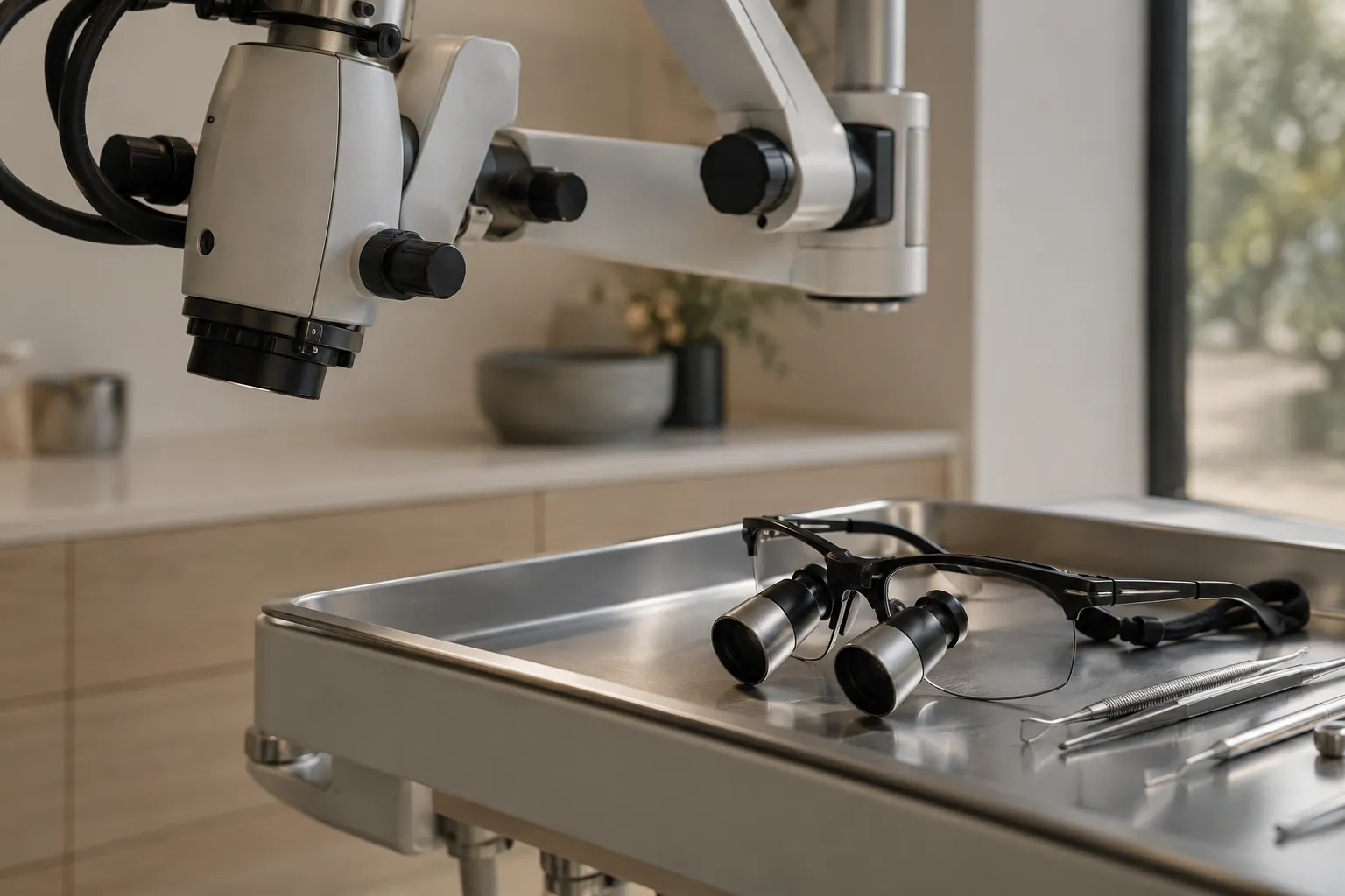 Dental operating microscope arm and magnifying loupes on a tray
