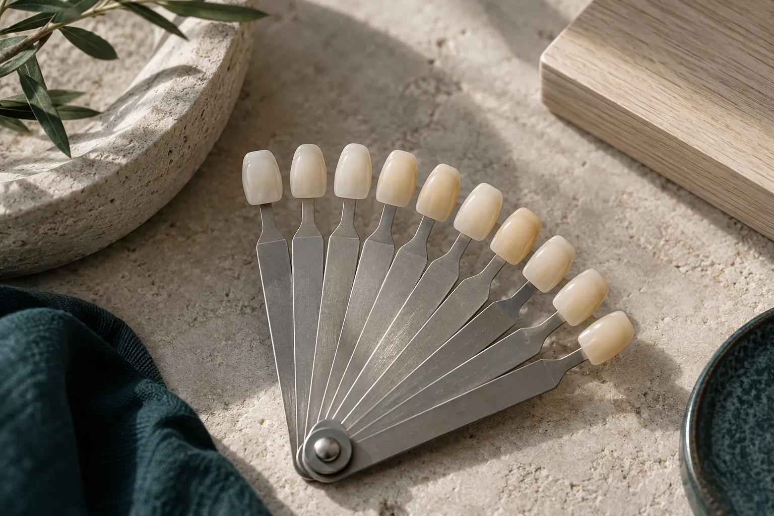 Porcelain veneer shade guide tabs fanned across a stone surface