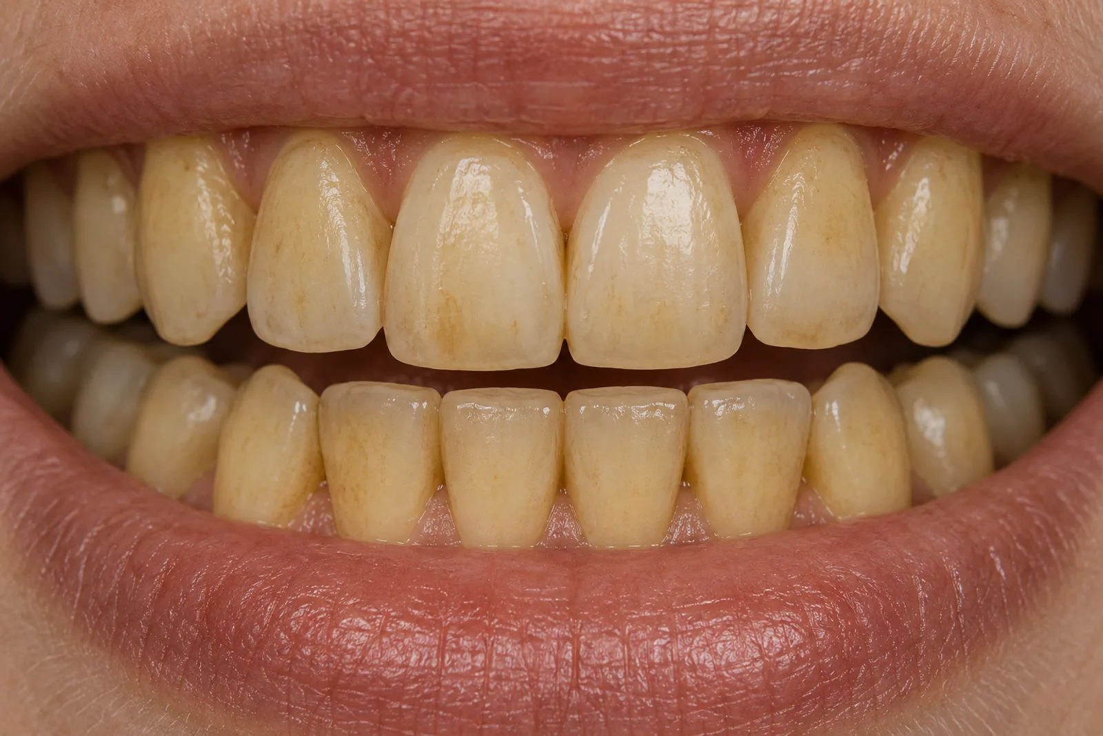 Close-up of yellowed, tea and coffee stained front teeth before whitening