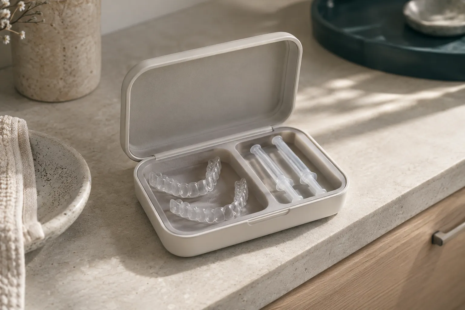 Custom clear whitening trays and gel syringes in an open case